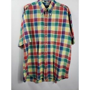 MacCleur Men’s Button Up Shirt L Short Sleeve Blue Yellow Green Plaid Cotton